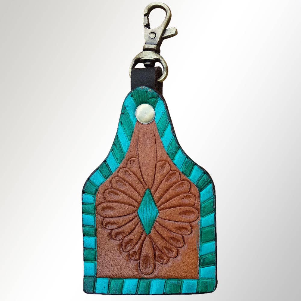 Hand-Tooled Leather Keyring Turquoise Border with Tooled Floral Diamond Design