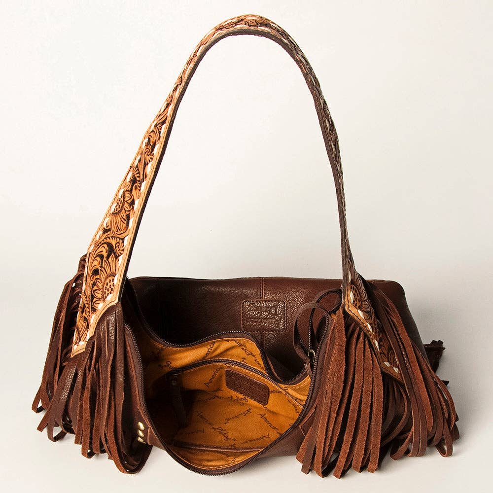 American Darling Hobo Bag Dark Brown Leather with Tooled Strap, Fringe & Brass Studs