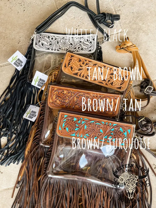 Hand Tooled Clear Purse Crossbody Concert Game Day Stadium