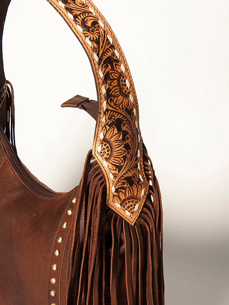 American Darling Hobo Bag Dark Brown Leather with Tooled Strap, Fringe & Brass Studs