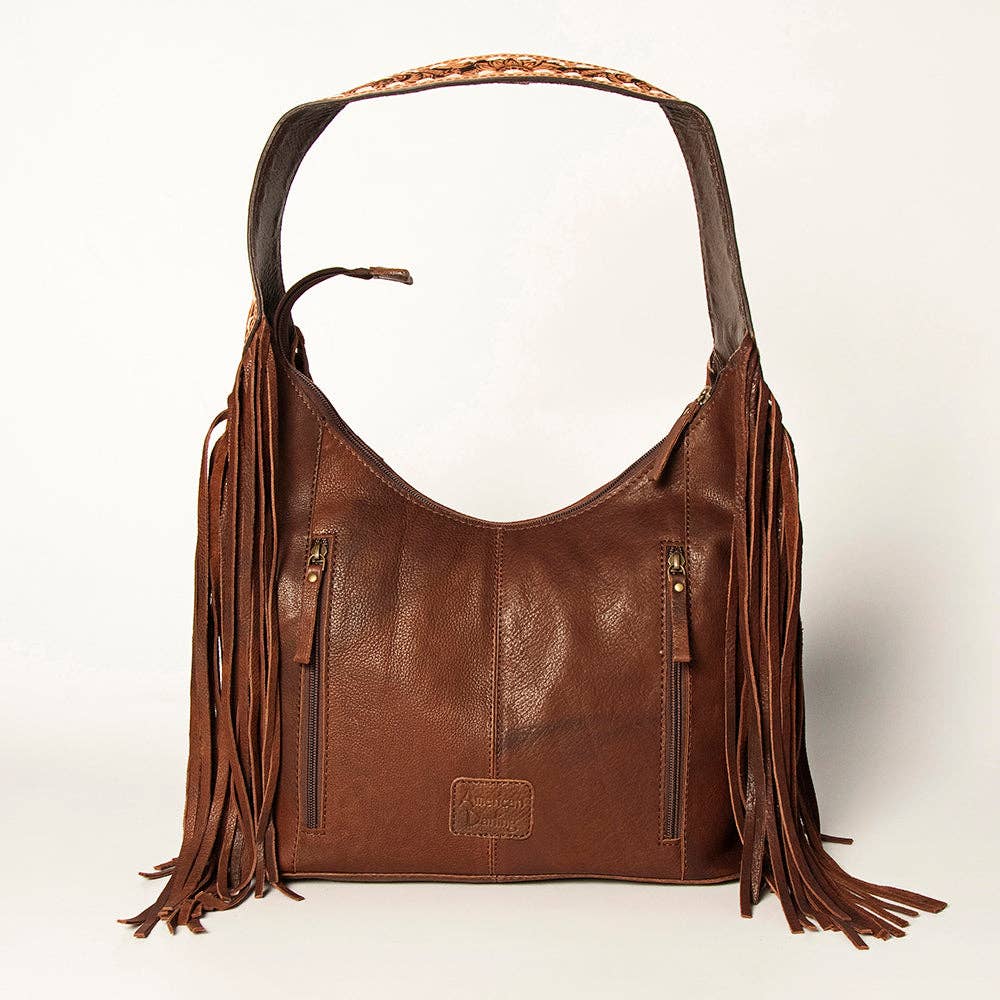 American Darling Hobo Bag Dark Brown Leather with Tooled Strap, Fringe & Brass Studs