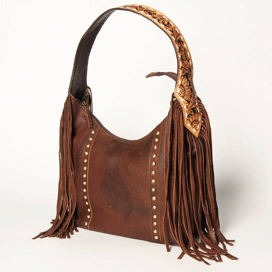 American Darling Hobo Bag Dark Brown Leather with Tooled Strap, Fringe & Brass Studs