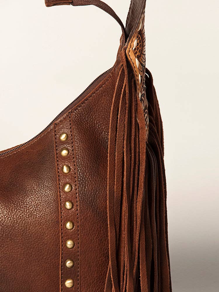 American Darling Hobo Bag Dark Brown Leather with Tooled Strap, Fringe & Brass Studs