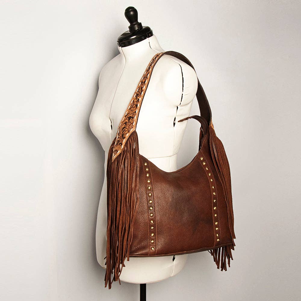 American Darling Hobo Bag Dark Brown Leather with Tooled Strap, Fringe & Brass Studs