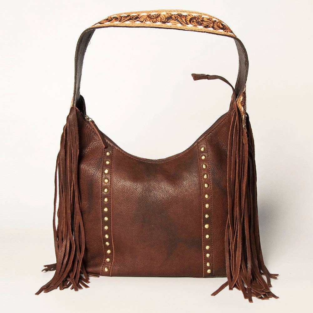 American Darling Hobo Bag Dark Brown Leather with Tooled Strap, Fringe & Brass Studs