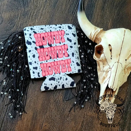 Howdy Cow Print Fringe Koozie