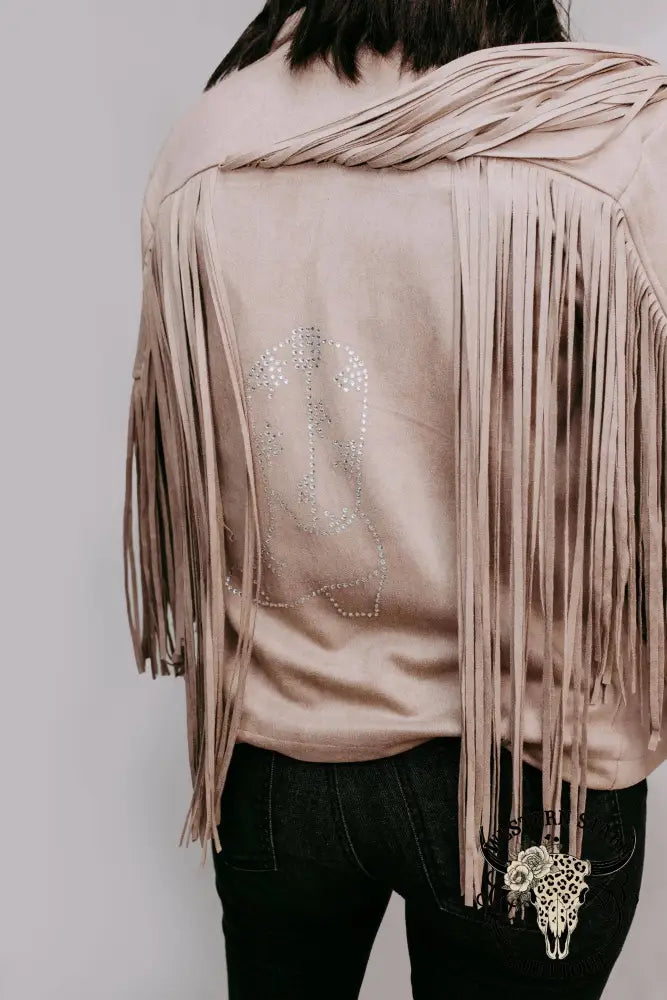 Western Rhinestone Fringe Vegan Suede Jacket Taupe
