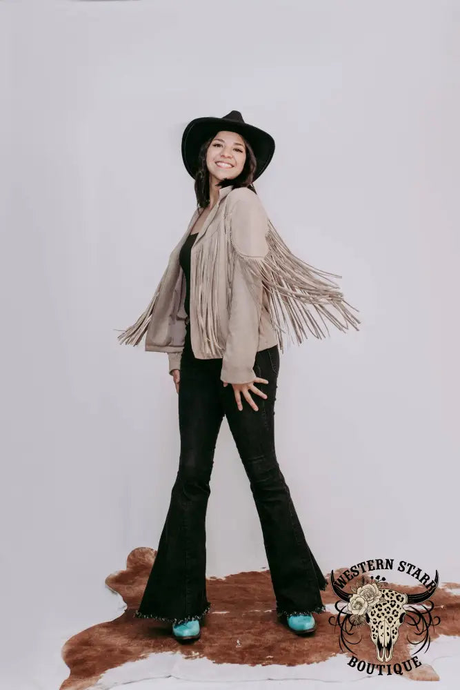 Western Rhinestone Fringe Vegan Suede Jacket Taupe Taupe / 1XL