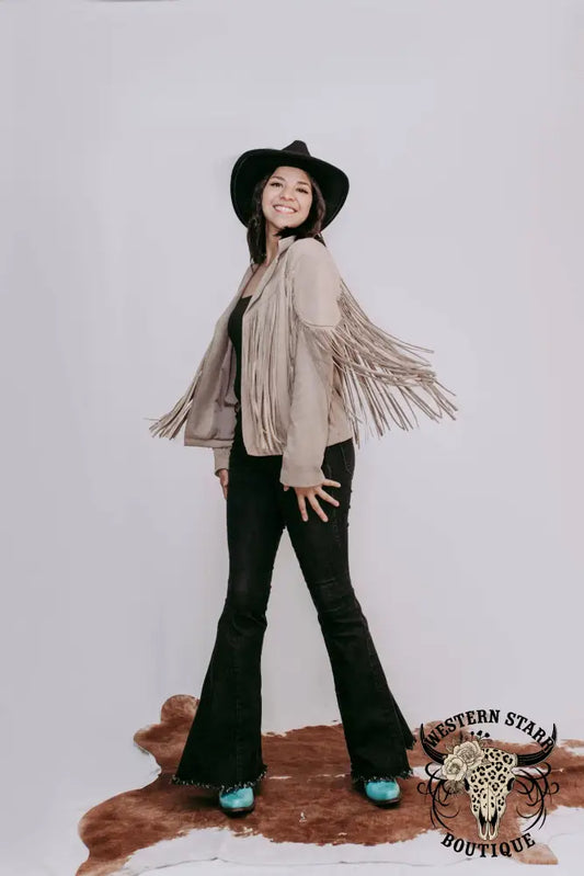 Western Rhinestone Fringe Vegan Suede Jacket Taupe Taupe / 1XL