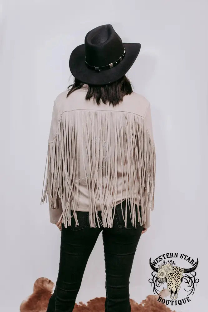 Western Rhinestone Fringe Vegan Suede Jacket Taupe