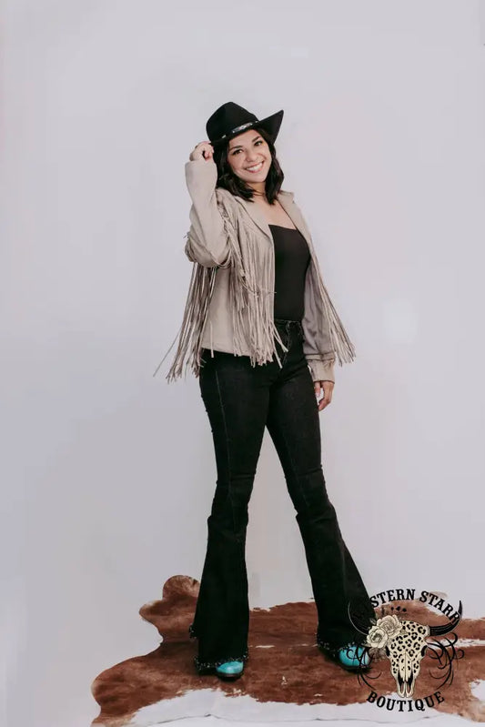 Western Rhinestone Fringe Vegan Suede Jacket Taupe